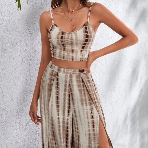 Tie Dye Crop Cami Top & Wrap Split Thigh Palazzo Pants Set - Picture 2 of 6